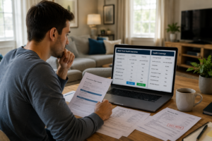 Young professional comparing short-term health insurance coverage options in the United States while reviewing healthcare plans and medical expenses at home.