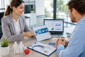 Health insurance advisor explaining term health insurance coverage, benefits, and eligibility options to a client in a professional U.S. healthcare planning office.