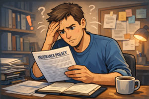 A stressed individual reading the fine print of an insurance policy, looking concerned.