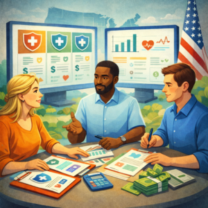 Group of adults discussing health insurance options with digital charts and plan documents.