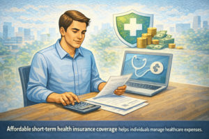 Young professional calculating healthcare costs with a laptop and documents.