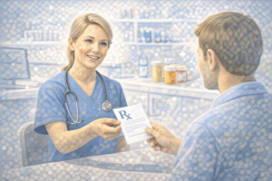 Healthcare professional handing a prescription to a patient in a clinic environment.