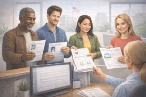 Diverse applicants submitting forms and documents at an insurance office.