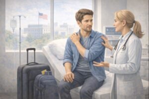 Traveler with luggage receiving medical assistance at a clinic in the U.S.