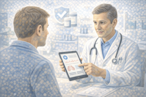 Patient consulting a doctor with health charts visible on a tablet.
