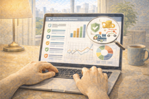 Laptop screen displaying charts and graphs with a person analyzing short-term insurance quotes.