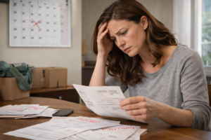 Worried young adult looking at bills and calendar, representing coverage gaps after losing a job