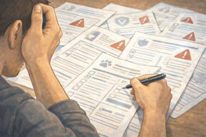 Close-up of person filling insurance forms with confusion, several papers scattered around