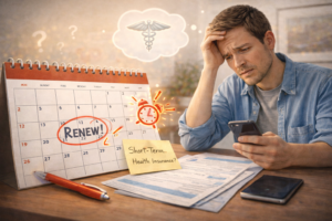 Calendar with marked insurance renewal date, person looking anxious