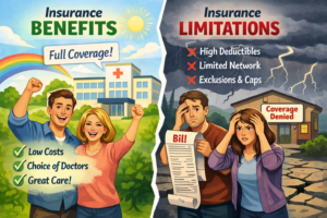 Split-screen illustration of happy and frustrated reactions to insurance coverage benefits and limits