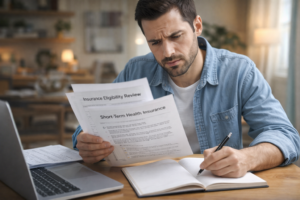 Person reading insurance eligibility forms and taking notes, looking puzzled