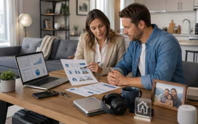 Renter reviewing renters insurance coverage, costs, and claims information with an insurance advisor in a modern apartment setting.