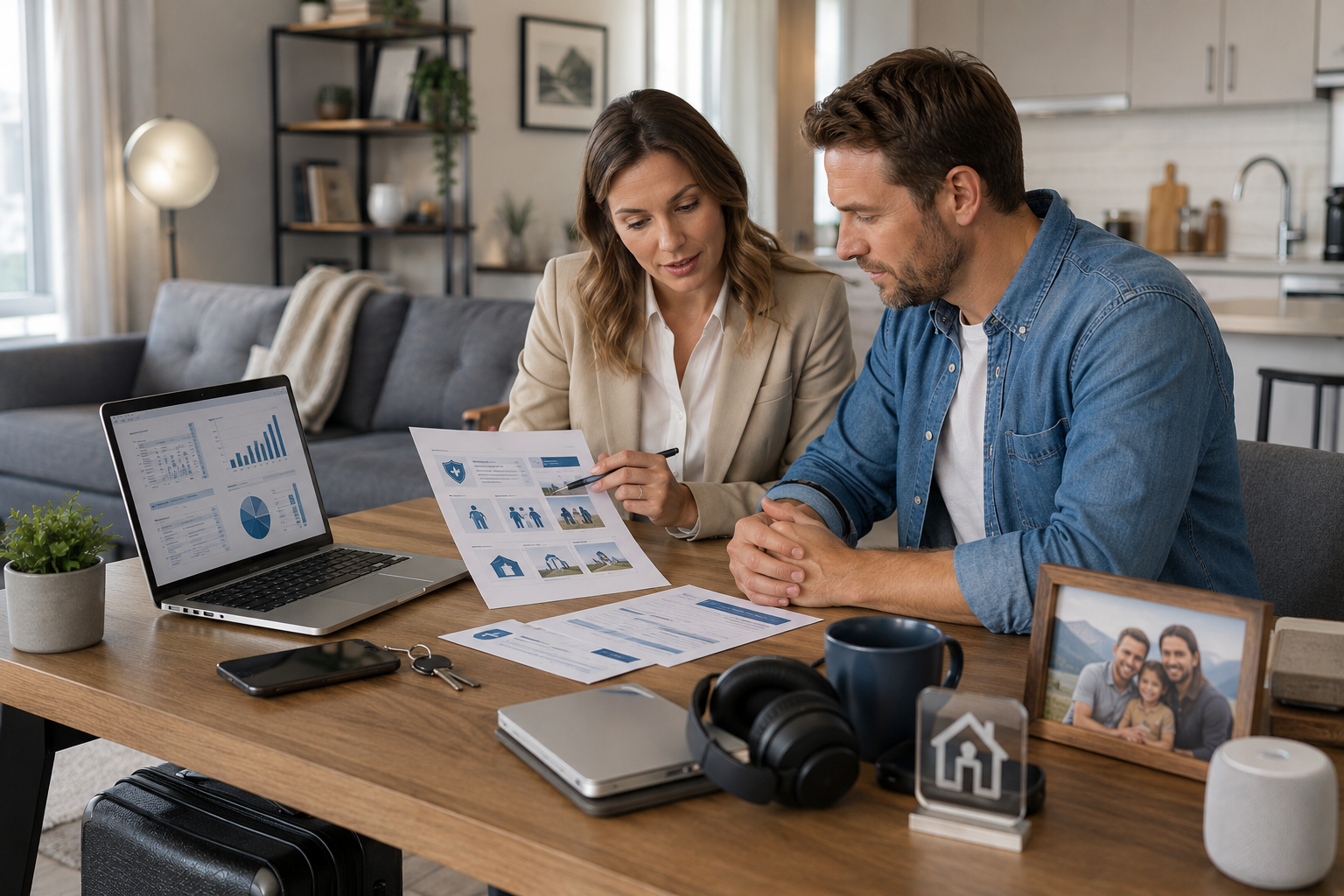 Renter reviewing renters insurance coverage, costs, and claims information with an insurance advisor in a modern apartment setting.
