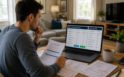Young professional comparing short-term health insurance coverage options in the United States while reviewing healthcare plans and medical expenses at home.