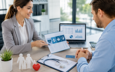 Health insurance advisor explaining term health insurance coverage, benefits, and eligibility options to a client in a professional U.S. healthcare planning office.